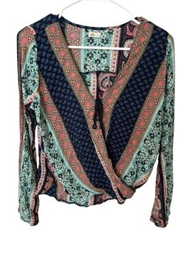 Hollister Boho Paisley Wrap Top Navy Multicolor Tassel Tie Size Small